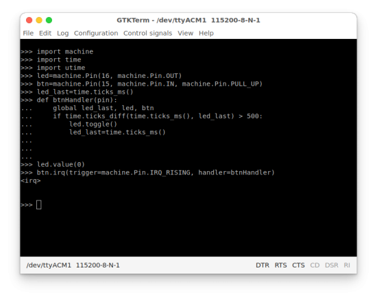  Micropython (on RP2040 Pico) hardware interrupt sample, implemented via serial port, inline