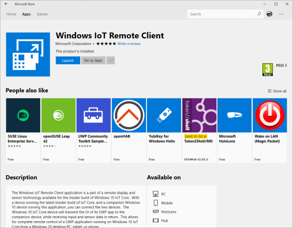 Microsoft Store -- Windows IoT Remote Client