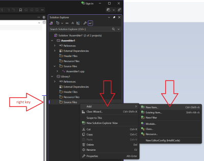 Adding the assmebler project to the solution. Step 6. Right click "Source files" in a project tree in "Solution Explorer", choose "add" and click "New Item".