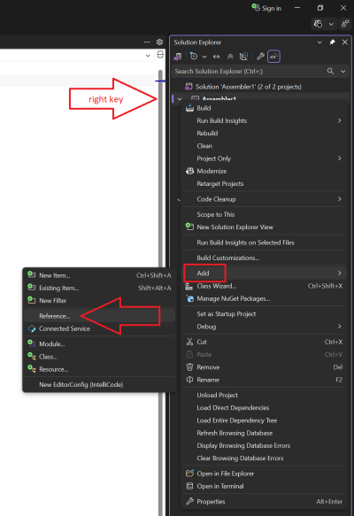 Setting the dependencies in a solution. Step 1. Right-click the C++ project name in the "Solution Explorer", choose "Add", and click the "References" option.