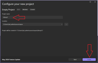 Adding the assmebler project to the solution. Step 3. Name the project, e.g., "Library1" and click "Create".