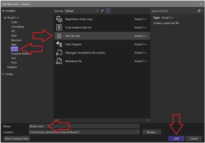Adding the assembler project to the solution. Step 7. Choose the file type "Utility" and "Text File". Name the file, e.g., "library1.asm". Confirm with the "Add" button.