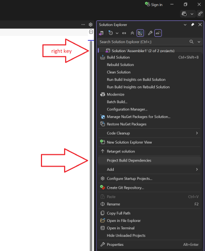 Setting the dependencies in a solution. Step 3. Right-click the solution name in the "Solution Explorer" and click the "Project Build Dependencies" option.