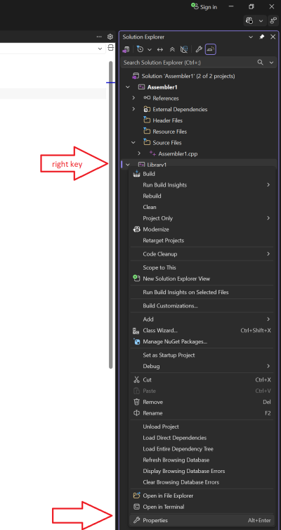 Setting the output file type for assembler projet. Step 1. Right-click the project name in the "Solution Explorer" and click the "Properties" option.