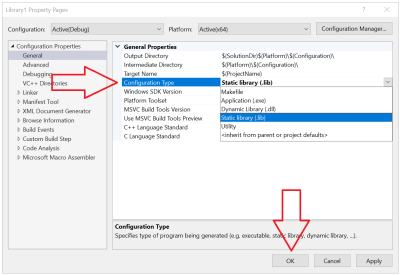 Setting the output file type for assembler projet. Step 2. Modify the "Configuration Type" to "Static library" and click "OK".