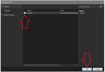 Setting the dependencies in a solution. Step 2. In an "Add reference" window, mark the library name and click the "OK" button.